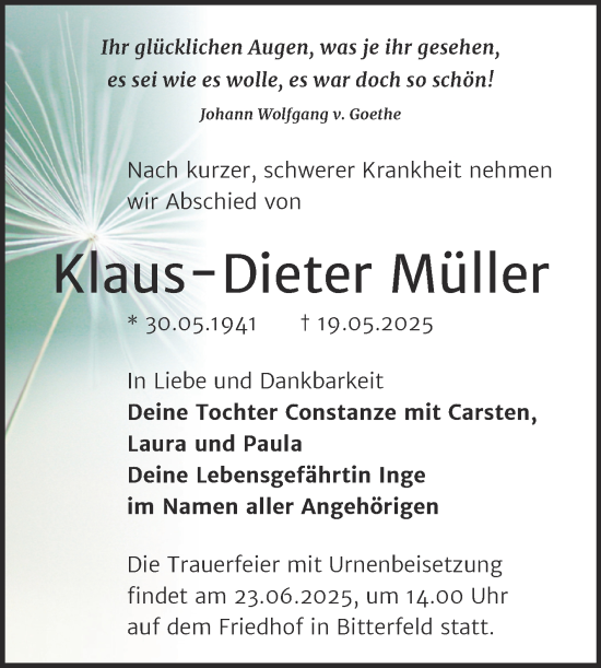 Traueranzeige von Klaus-Dieter Müller von Trauerkombi Bitterfeld