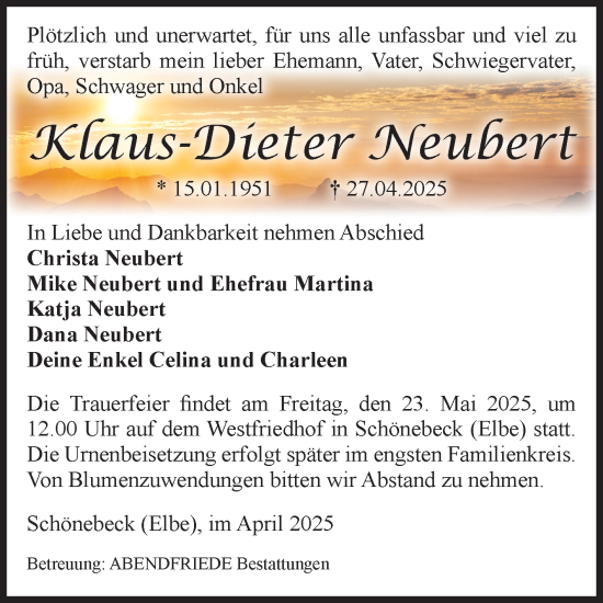 Traueranzeige von Klaus-Dieter Neubert von Volksstimme Schönebeck
