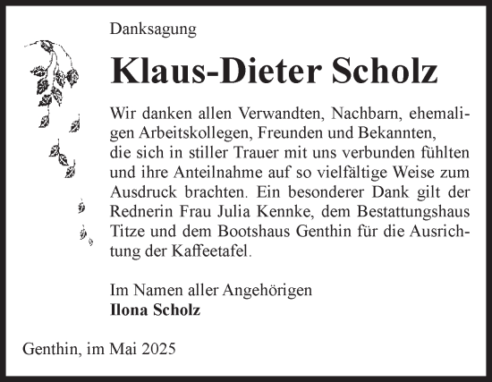 Traueranzeige von Klaus-Dieter Scholz von Volksstimme Burg/Genthin