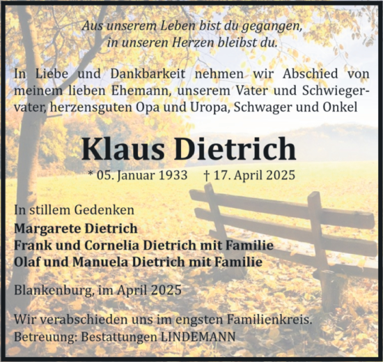 Traueranzeige von Klaus Dietrich von Volksstimme Wernigerode