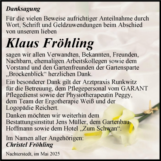Traueranzeige von Klaus Fröhling von Trauerkombi Aschersleben