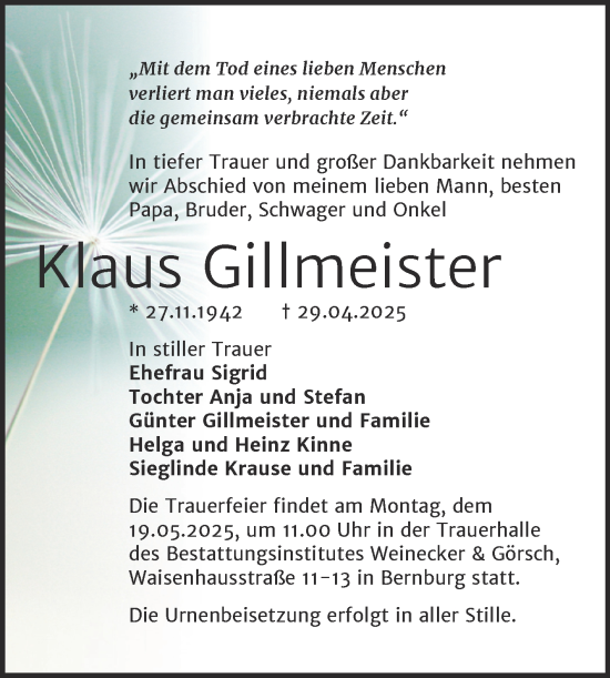 Traueranzeige von Klaus Gillmeister von Trauerkombi Bernburg