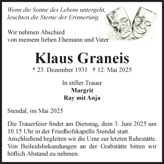 Traueranzeige von Klaus Graneis von Volksstimme Altmark Ost