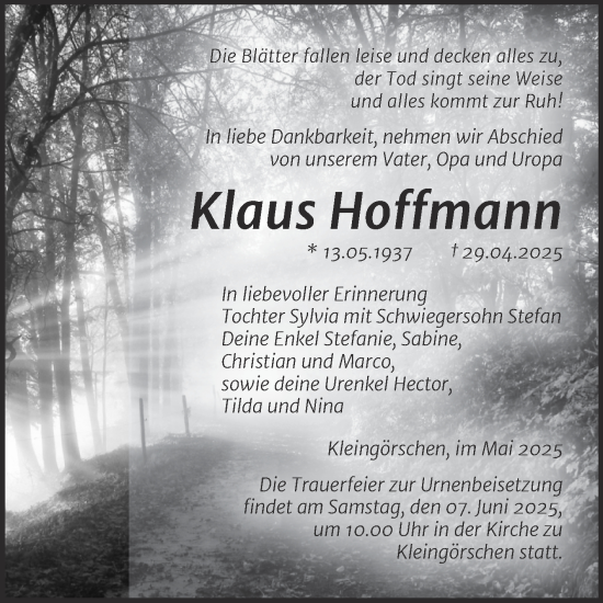 Traueranzeige von Klaus Hoffmann von Trauerkombi Weißenfels