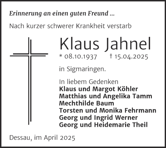 Traueranzeige von Klaus Jahnel von Trauerkombi Dessau