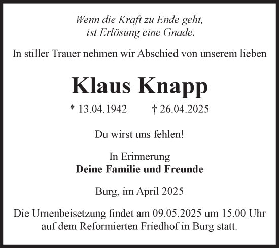 Traueranzeige von Klaus Knapp 