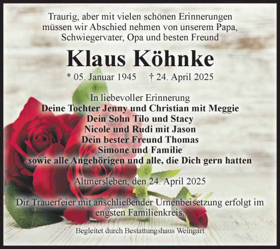 Traueranzeige von Klaus Köhnke von Volksstimme Altmark West