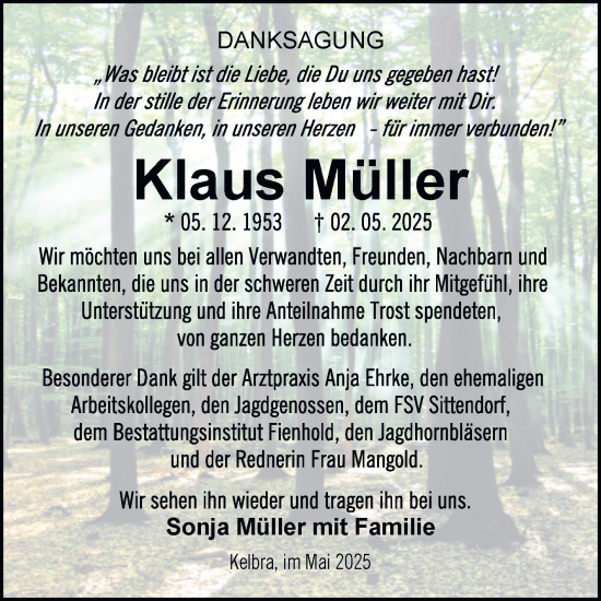 Traueranzeige von Klaus Müller von Trauerkombi Sangerhausen