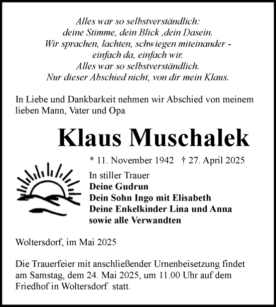 Traueranzeige von Klaus Muschalek von Volksstimme Burg/Genthin