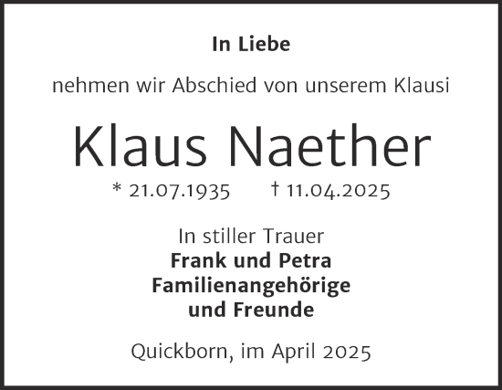 Traueranzeige von Klaus Naether von Trauerkombi Merseburg