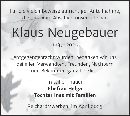 Traueranzeige von Klaus Neugebauer von Trauerkombi Weißenfels