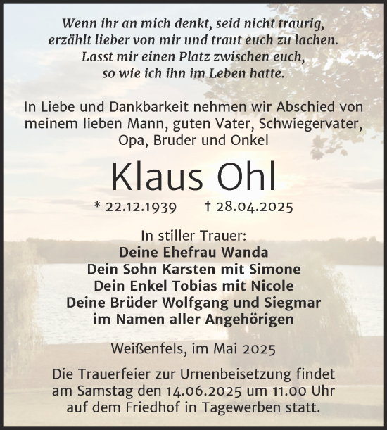 Traueranzeige von Klaus Ohl von Trauerkombi Weißenfels