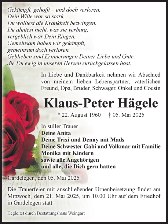 Traueranzeige von Klaus-Peter Hägele von Volksstimme Altmark West