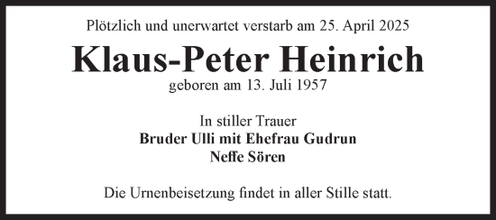Traueranzeige von Klaus-Peter Heinrich von Volksstimme Haldensleben/Wolmirstedt