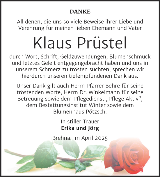Traueranzeige von Klaus Prüstel von Trauerkombi Bitterfeld