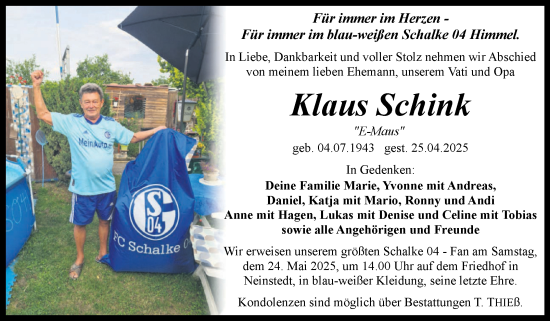 Traueranzeige von Klaus Schink von Trauerkombi Quedlinburg