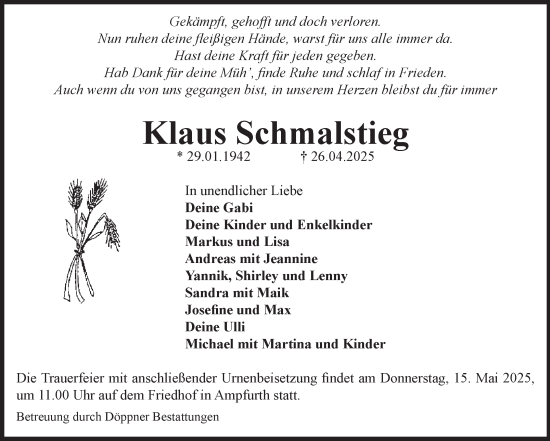Traueranzeige von Klaus Schmalstieg von Volksstimme Oschersleben/Wanzleben