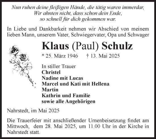 Traueranzeige von Klaus Schulz von Volksstimme Altmark Ost