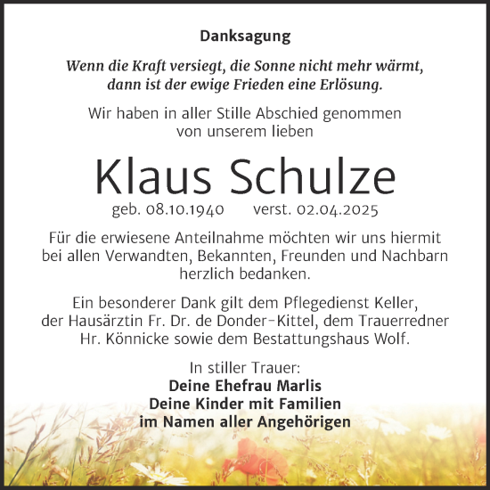 Traueranzeige von Klaus Schulze von Trauerkombi Weißenfels