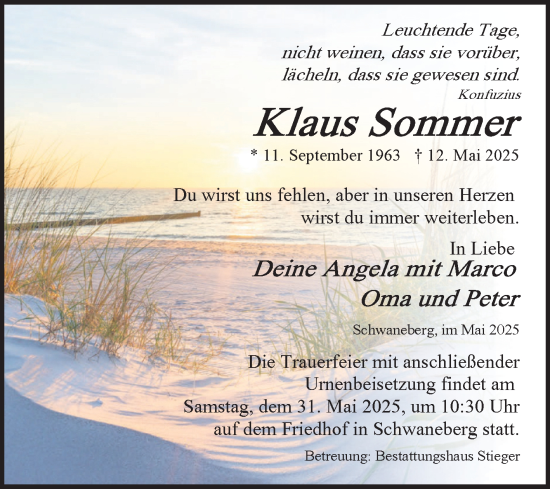 Traueranzeige von Klaus Sommer von Volksstimme Oschersleben/Wanzleben