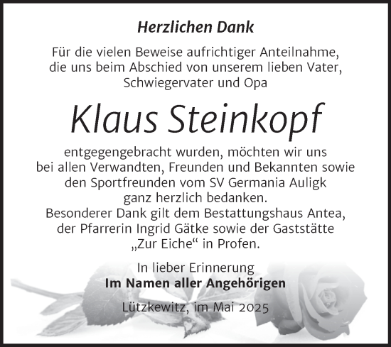 Traueranzeige von Klaus Steinkopf von Trauerkombi Zeitz