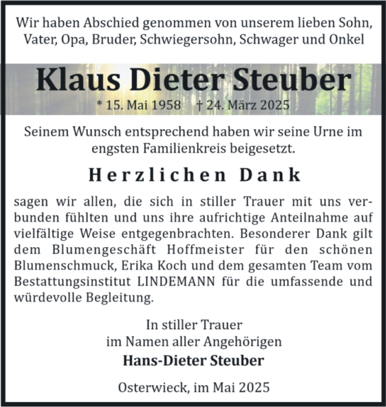 Traueranzeige von Klaus Dieter Steuber von Volksstimme Halberstadt