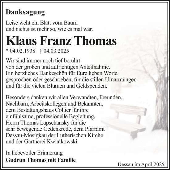 Traueranzeige von Klaus Franz Thomas von Trauerkombi Dessau