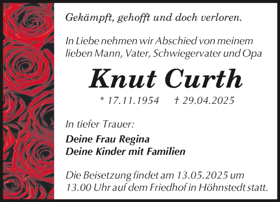Traueranzeige von Knut Curth von Mitteldeutsche Zeitung Halle/Saalkreis