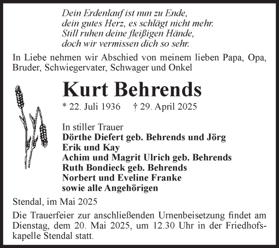 Traueranzeige von Kurt Behrends von Volksstimme Altmark Ost