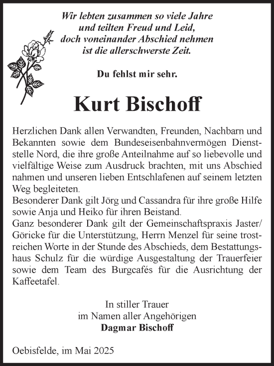 Traueranzeige von Kurt Bischoff von Volksstimme Altmark West
