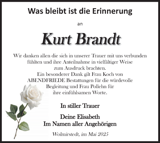 Traueranzeige von Kurt Brandt von Volksstimme Haldensleben/Wolmirstedt