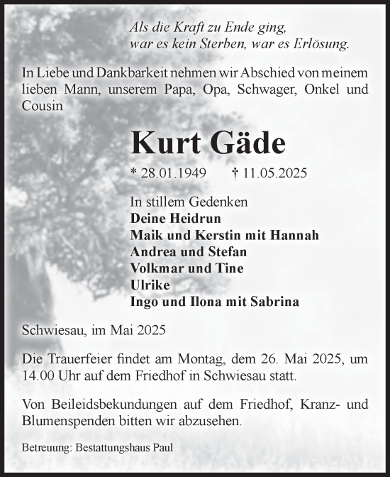 Traueranzeige von Kurt Gäde von Volksstimme Altmark West