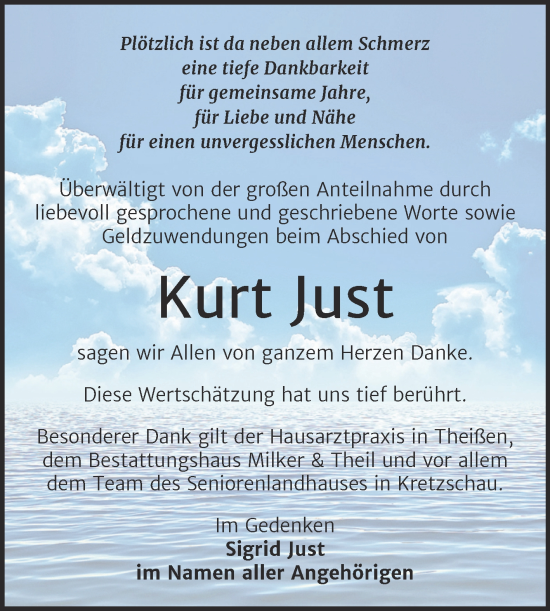 Traueranzeige von Kurt Just von Trauerkombi Zeitz