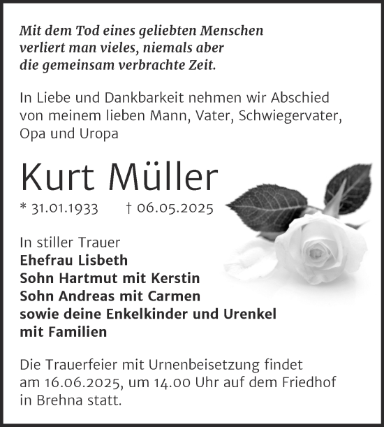 Traueranzeige von Kurt Müller von Trauerkombi Bitterfeld