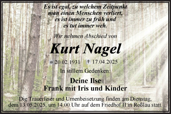 Traueranzeige von Kurt Nagel von Trauerkombi Dessau