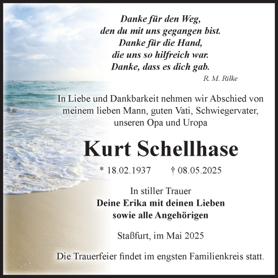 Traueranzeige von Kurt Schellhase von Volksstimme Staßfurt