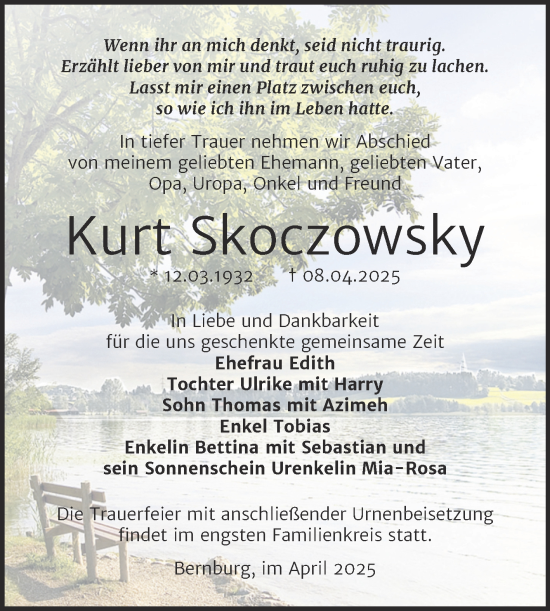 Traueranzeige von Kurt Skoczowsky von Trauerkombi Bernburg