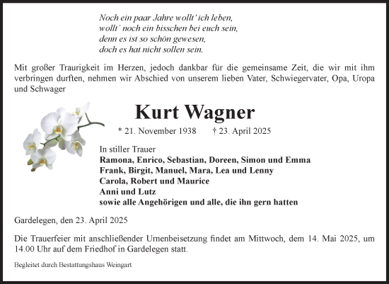 Traueranzeige von Kurt Wagner von Volksstimme Altmark West