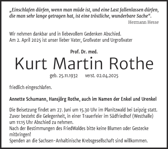 Traueranzeige von Kurt Martin Rothe von Mitteldeutsche Zeitung Halle/Saalkreis