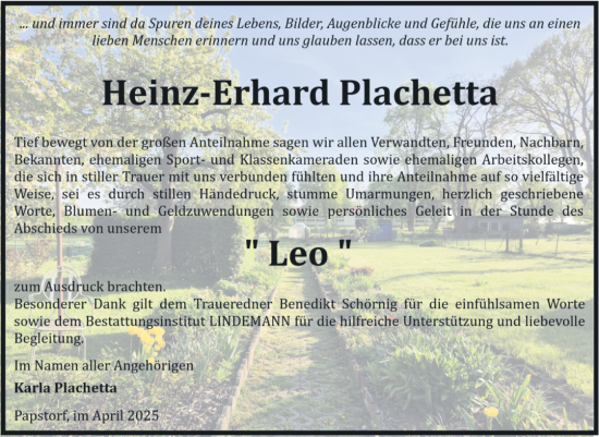 Traueranzeige von Leo Plachetta von Volksstimme Halberstadt