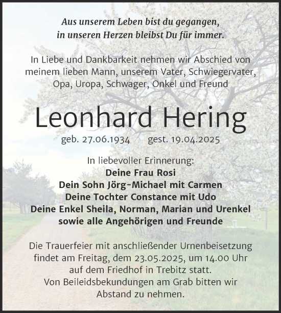 Traueranzeige von Leonhard Hering von Trauerkombi Wittenberg