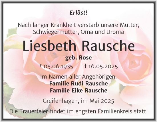 Traueranzeige von Liesbeth Rausche von Trauerkombi Mansfelder Land