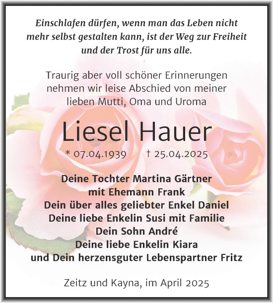 Traueranzeige von Liesel Hauer von Trauerkombi Zeitz