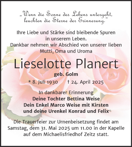 Traueranzeige von Lieselotte Planert von Trauerkombi Zeitz