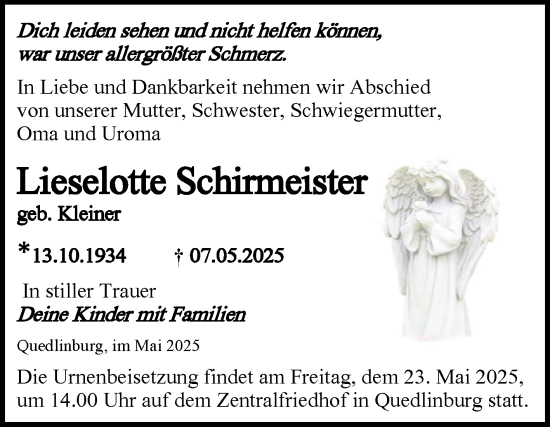 Traueranzeige von Lieselotte Schirmeister von Trauerkombi Quedlinburg