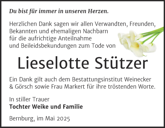 Traueranzeige von Lieselotte Stützer von Trauerkombi Bernburg