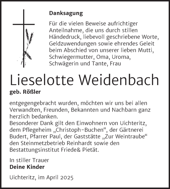 Traueranzeige von Lieselotte Weidenbach von Trauerkombi Weißenfels