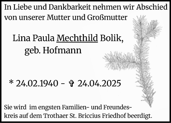Traueranzeige von Lina Paula Mechthild Bolik von Mitteldeutsche Zeitung Halle/Saalkreis