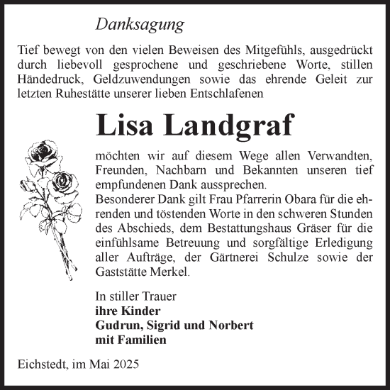 Traueranzeige von Lisa Landgraf von Volksstimme Altmark Ost