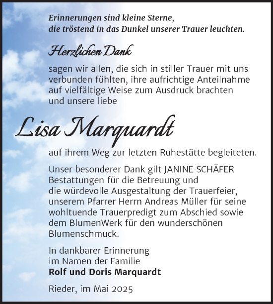 Traueranzeige von Lisa Marquardt von Trauerkombi Quedlinburg
